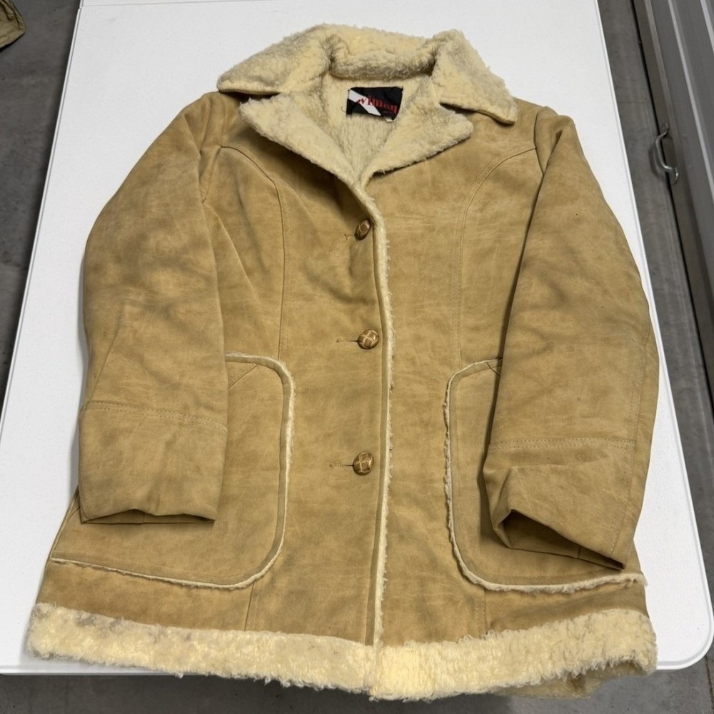 Wiman Faux Suede Shearling Coat Womens M Tan Excellent Vintage Button Up